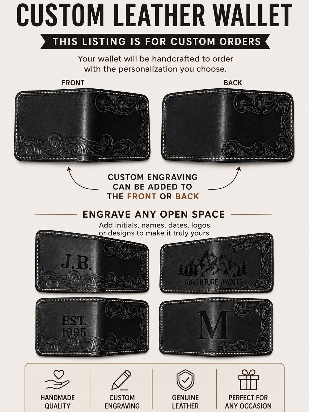 CUSTOM LEATHER Hand-Tooled Leather Bifold Wallet Design BLACK
